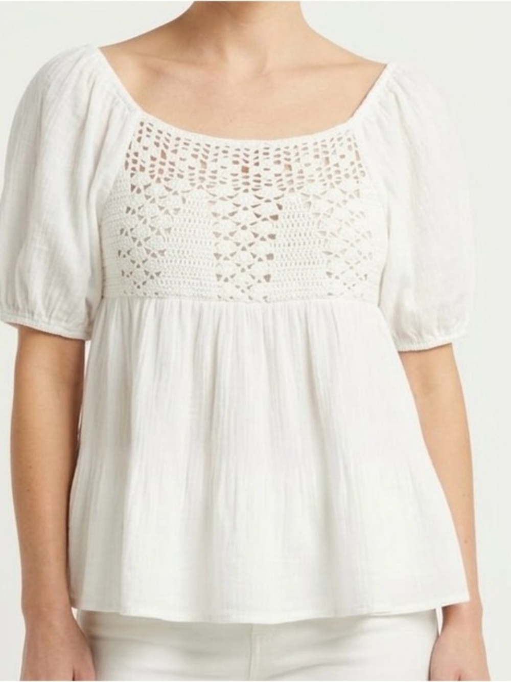 Promesa Crochet Babydoll Smocked Puff Sleeve Top White L